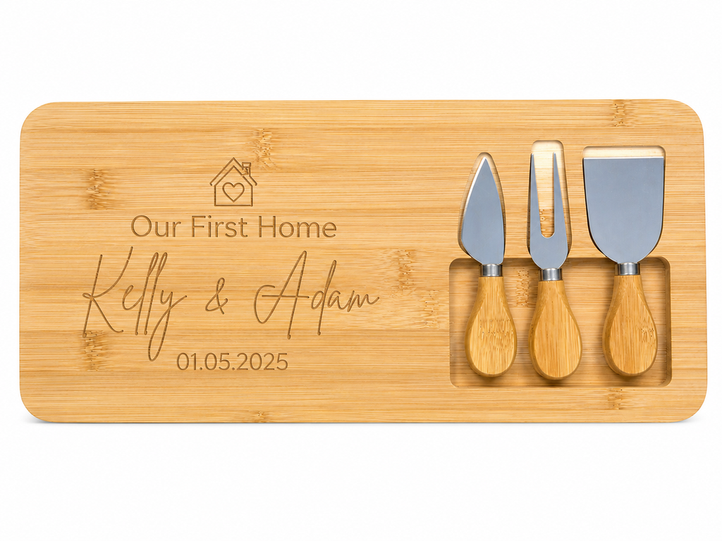 Engraved Bamboo Cheese Set with Serving Board & Utensils