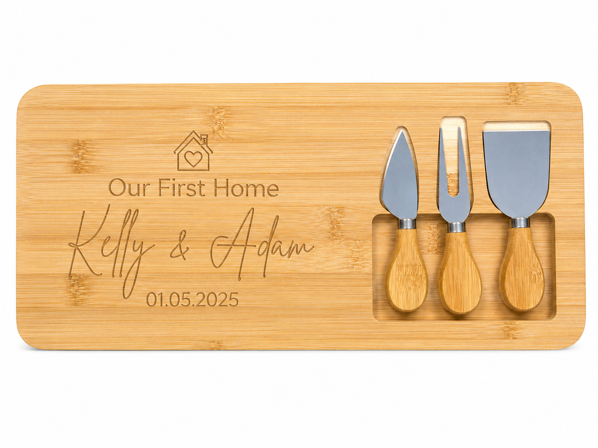 Engraved Bamboo Cheese Set with Serving Board & Utensils