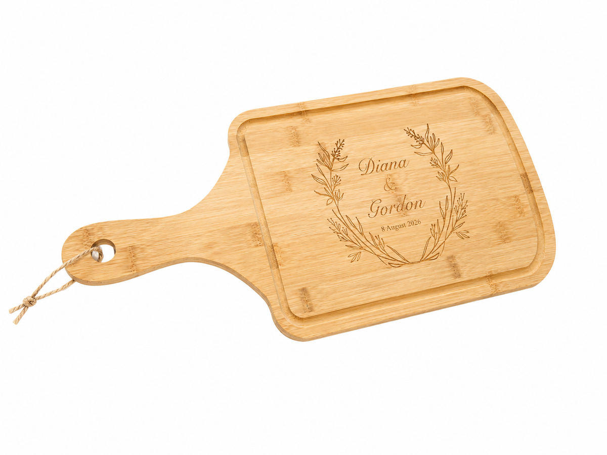 Engraved Rectangular Bamboo Serving Board with Jute Rope