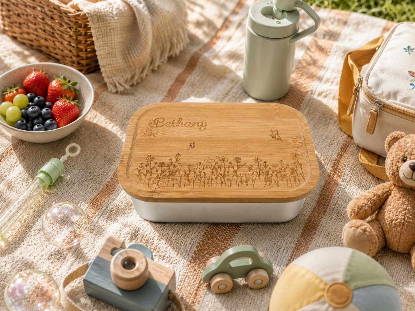 Personalised Full Design Stainless Steel Children's Lunchbox with Bamboo Lid (600ml)
